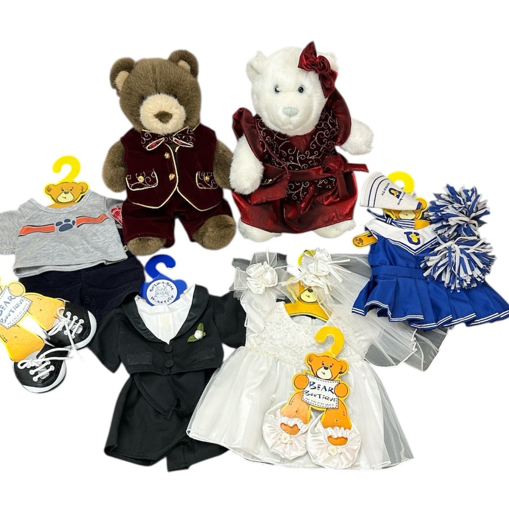 Build A Bear‎ Plush Bundle(2) Brown & White Bears 3 Outfits with Accessories